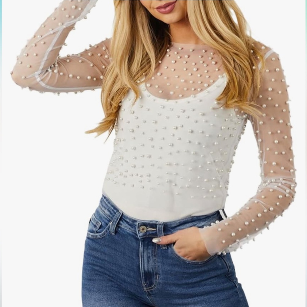 Sheer mesh pearl top